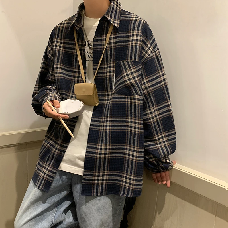 

Модная клетчатая рубашка с длинным рукавом для мужчин, свободного кроя, повседневная верхняя одежда, осенне-весенняя сезонная модная брендовая рубашка в клетку.
