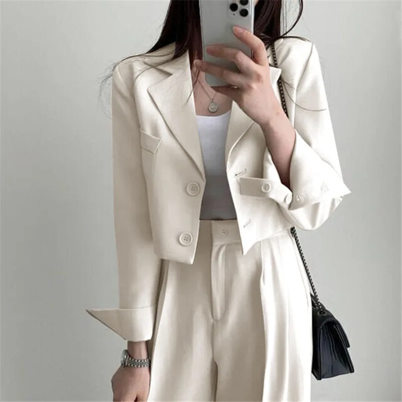 Autumn Fashion Pant Suits Women Korean Trend Commuting Loose Short Section Long-sleeved Suit Jacket Top Pants 2pcs Matching Set