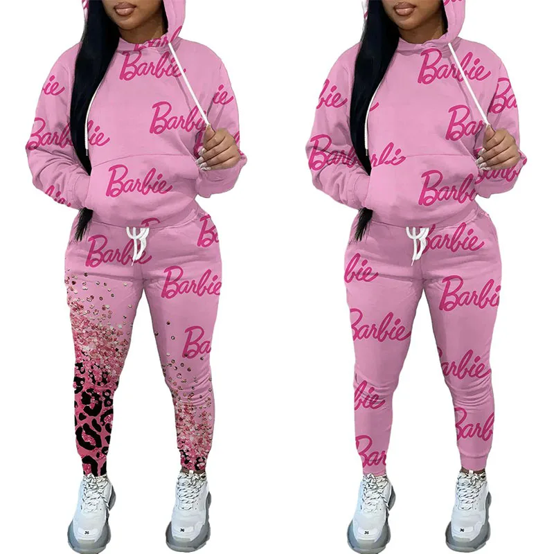 American Casual Cartoon Barbie Hooded Sweatshirt Set Autumn Winter Comfortable Large Size Sports Sweatshirt Two-Piece Set