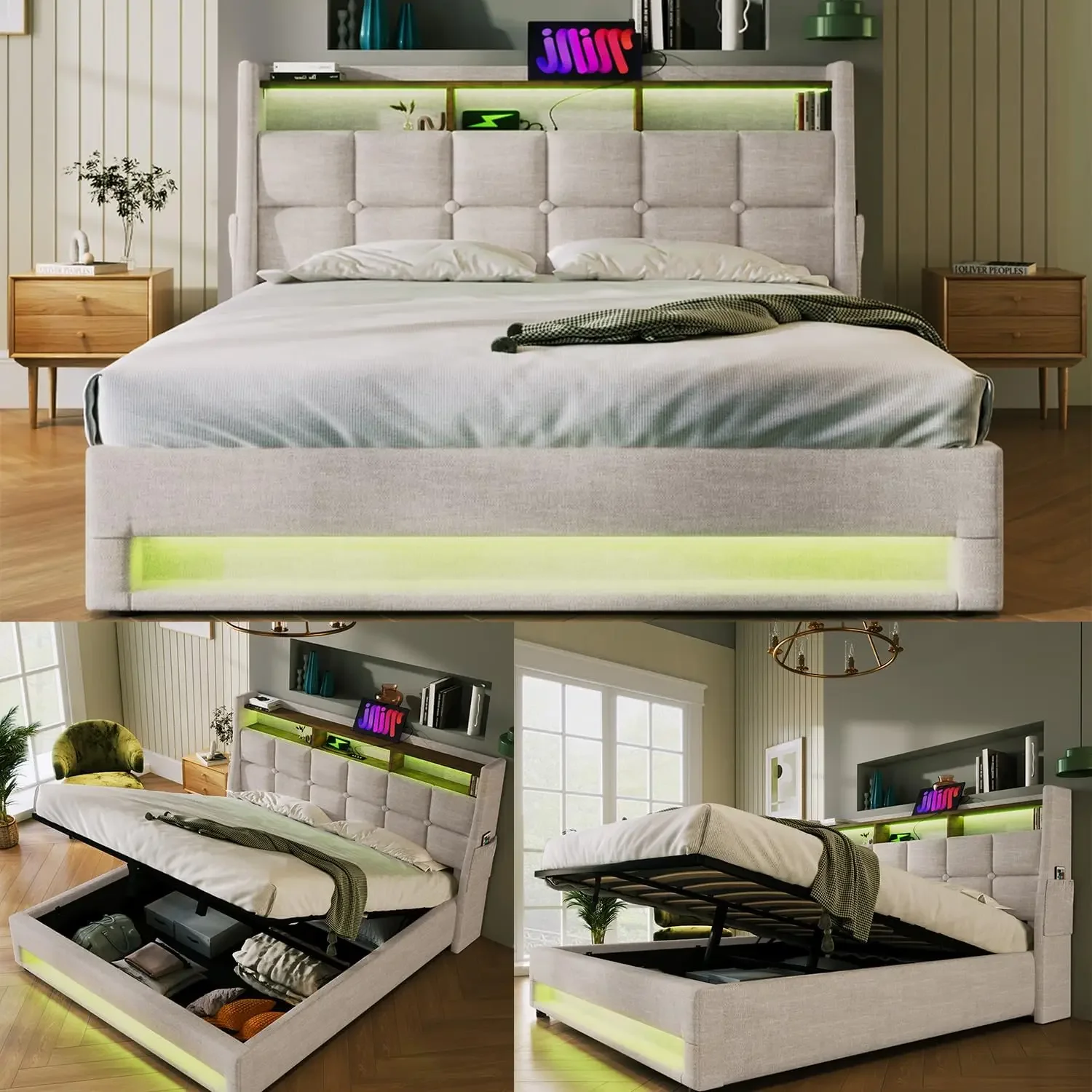 Elevating Storage Bed Frame with LED Lights and USB Charging Port, Adjustable Soft Cushion Platform Bed Frame Bedroom Furniture