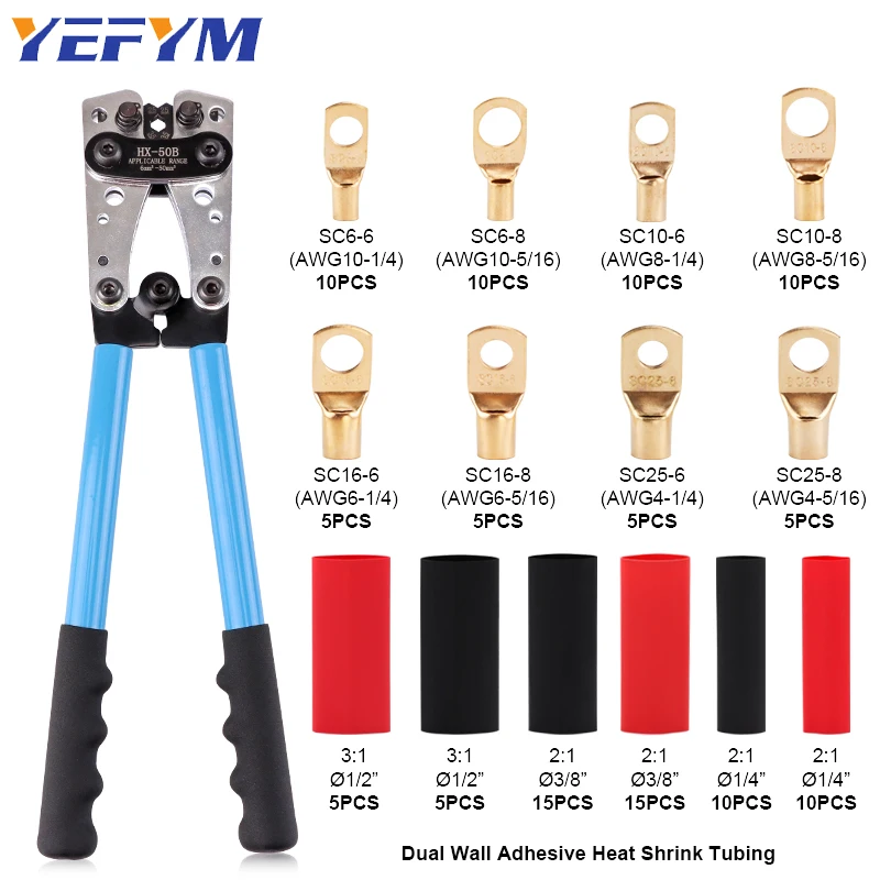 Battery Cable Lug Crimping Tool HX-50B (6-50mm²/AWG 10-0) Heavy Duty Wire Crimper Hex Multitool Cable Hand Tools