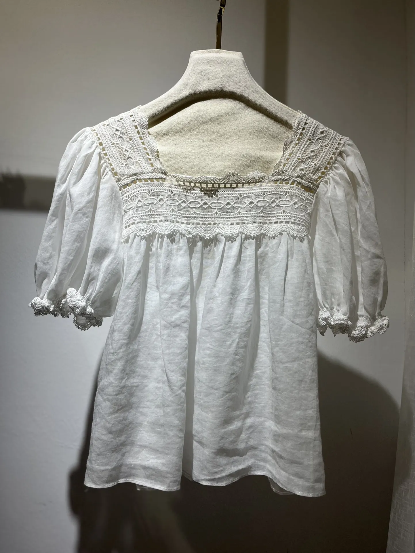 Women white Shirt tops Hollow Out Embroidery Square Collar Short Sleeve Blouse