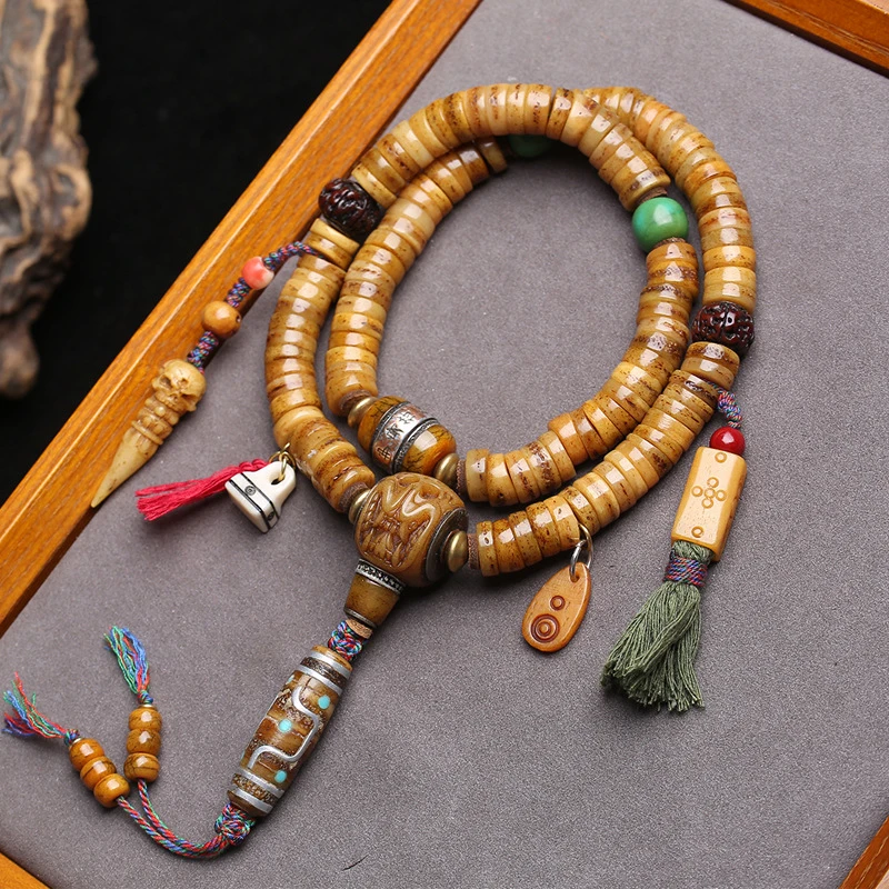 Reconstituted Yak 108- Buddhist Prayer Beads, Large Intestine String, Bone Three-Way Bead Inlaid With DZi Be