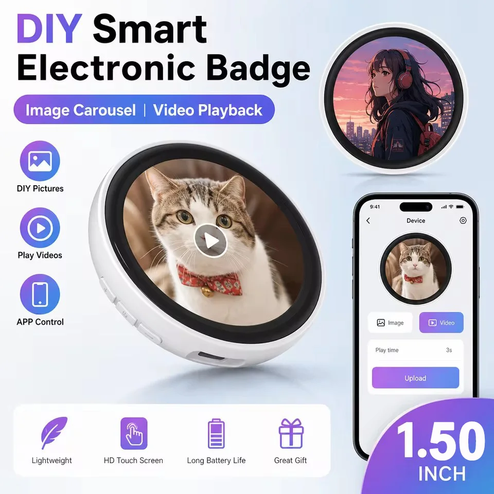 Anime Dynamic Electronic Badge Display Pin 1.50 In Touch Screen Anime E-Badge For Game Peripherals For Otaku Fans Friends BW01