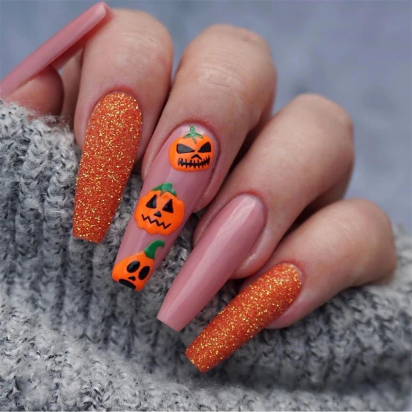 

24Ps/Set Long Ballet Fake Nails Art Halloween Pumpkin Head Artificial Acrylic Wearable Square Head Fake Nails Press on Nail Tips