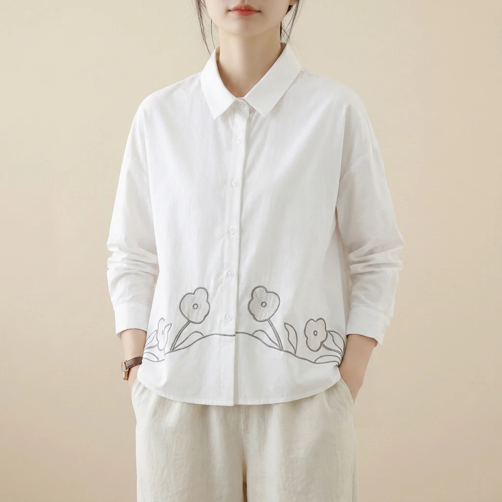 Women's Loose Long Sleeve Shirt Embroidery Patch Retro Abstract Color Block Cotton Fashionable Casual Top Spring Autumn