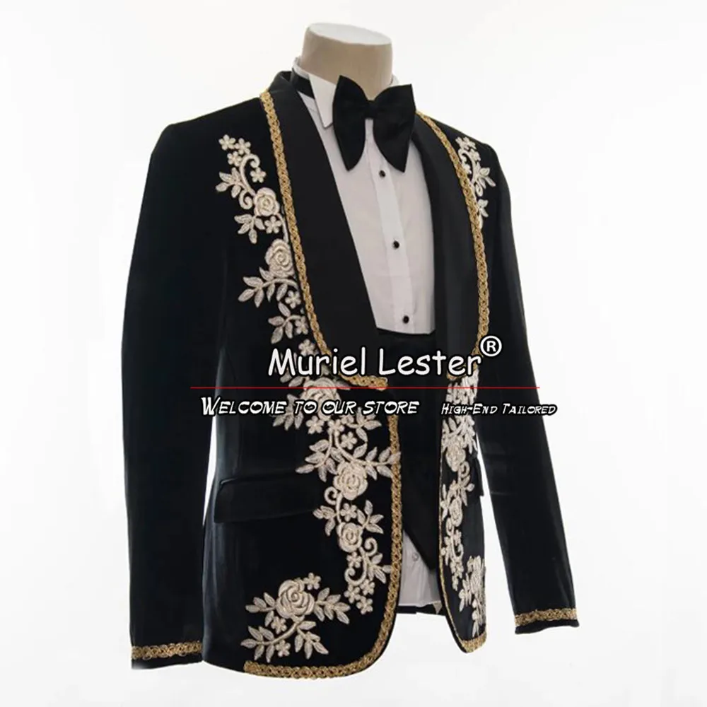 

Luxury Applique Black Men Suits Velvet Shawl Lapel Wedding Groom Tuxedos 3 Pieces Sets Male Prom Blazer Vest Pants Costume Homme