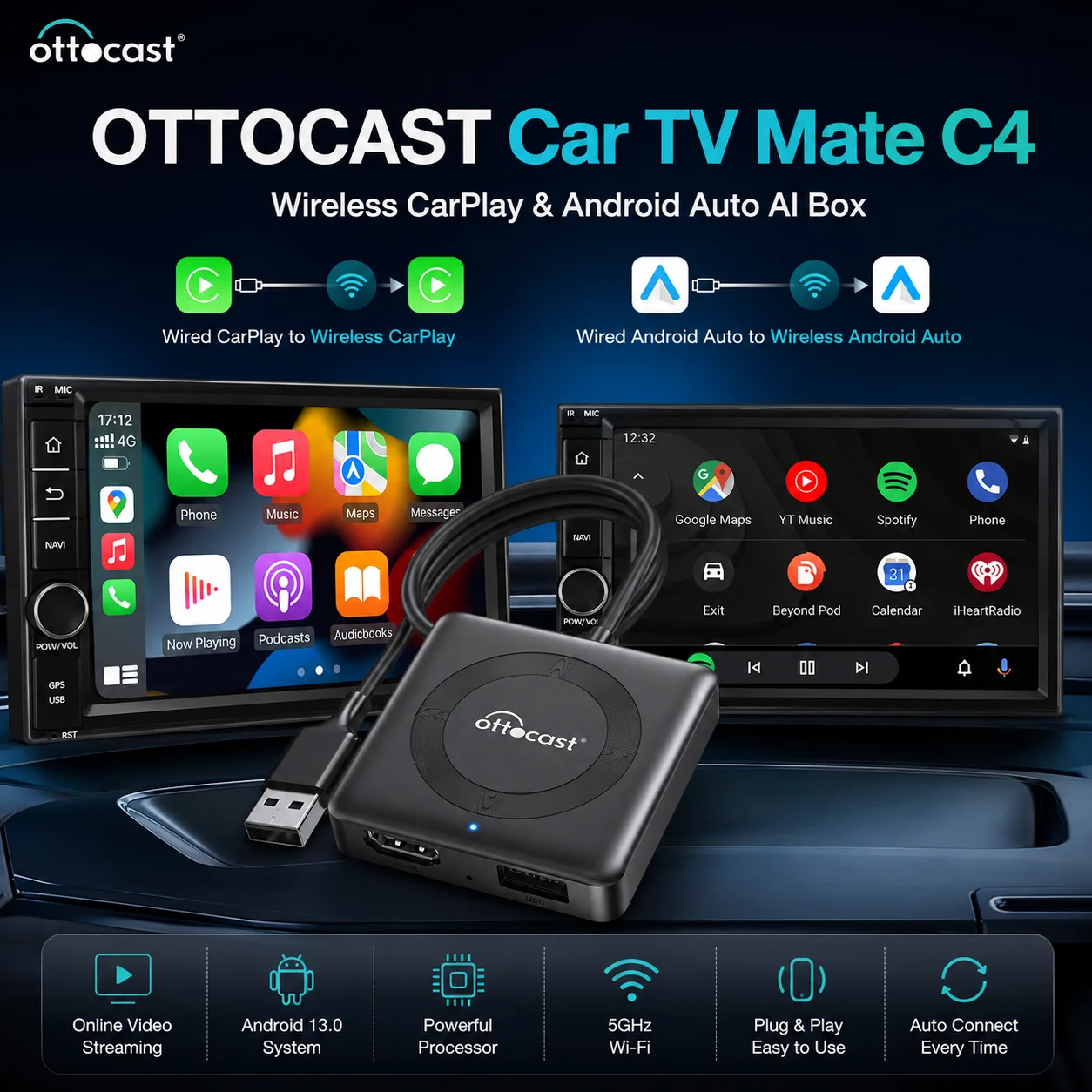 OTTOCAST 2 IN 1 Kabelloser Carplay-Adapter Car TV Mate Max C4 Kabelloses Carplay Android Auto AI-Box Videokonverter für HDMI für VW Benz Chevrolet TV für YouTube Netflix