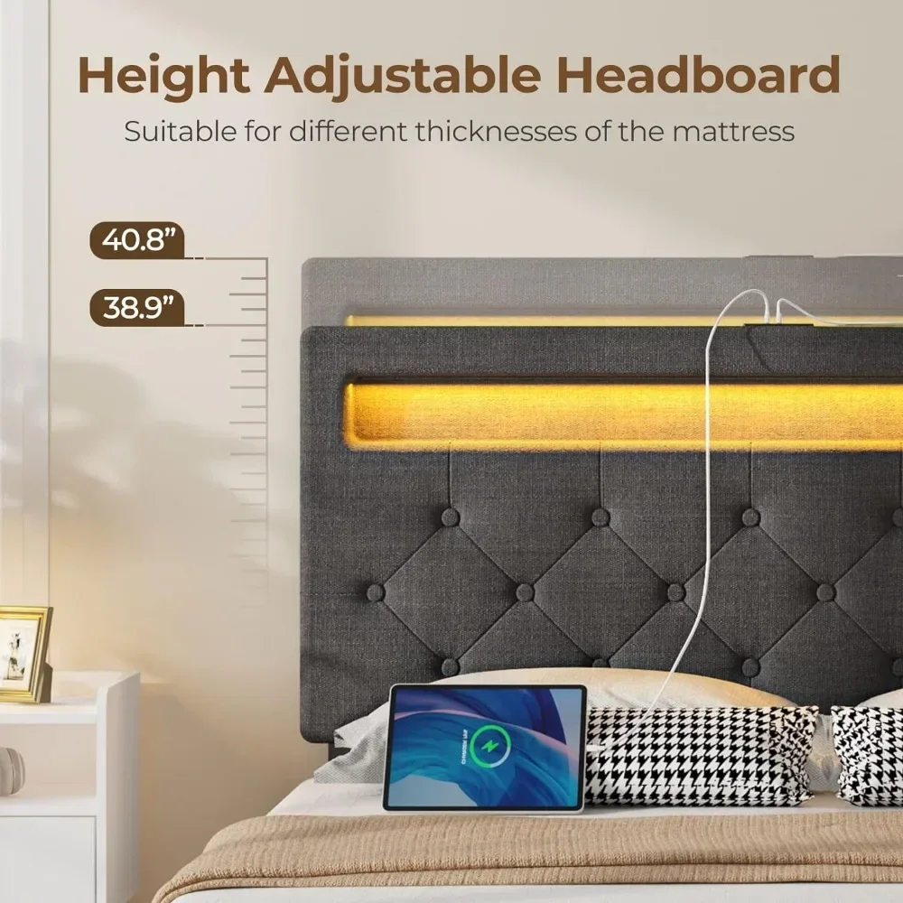 LED Queen Bed Frame with 4 Storage Drawers, Upholstered Bed with Adjustable Headboard& Charging Station, No Box Spring Needed