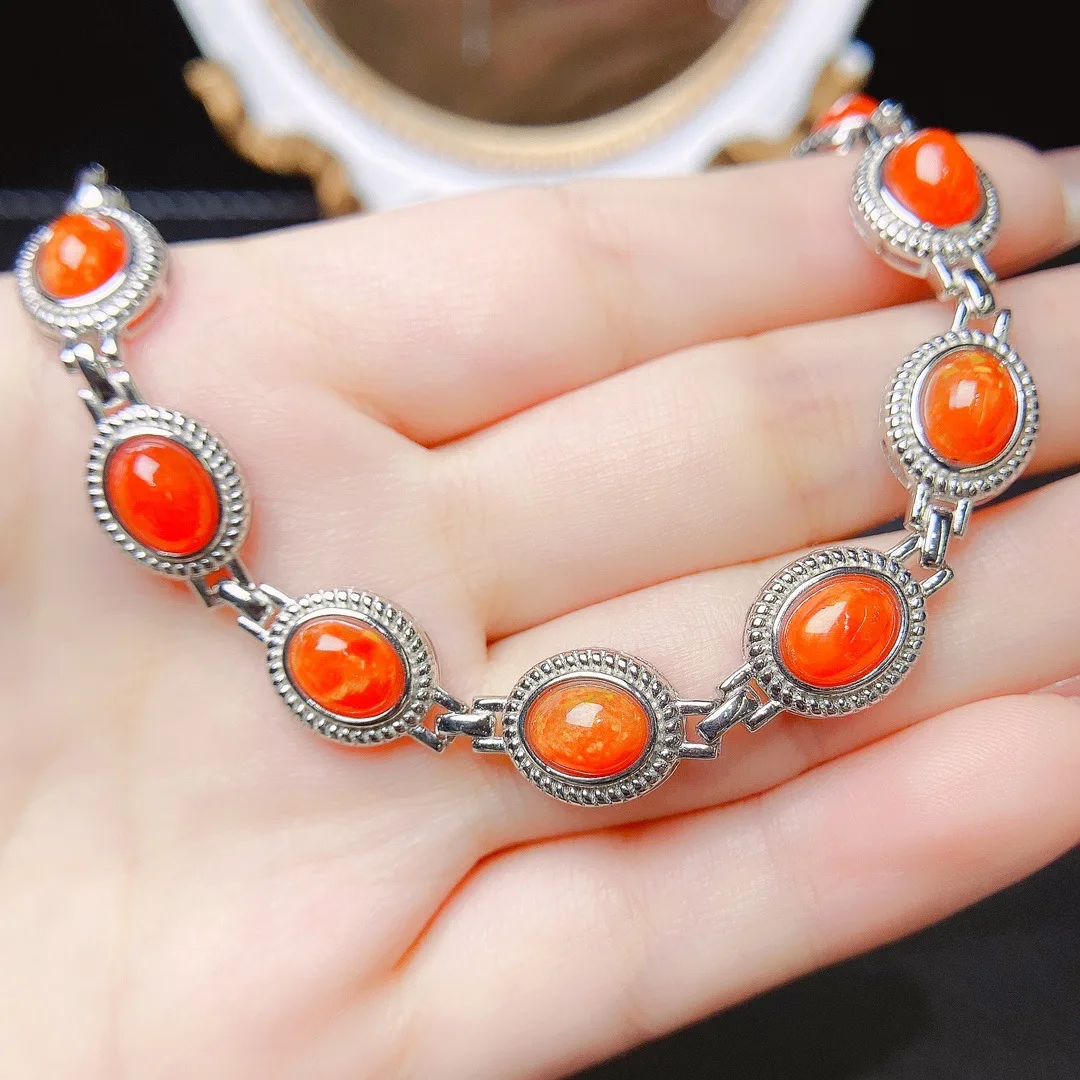 

6*8mm Natural Fire Opal Bracelet, S925 Sterling Silver Unique Orange Gemstone, Vibrant Jewelry for Women & Gift