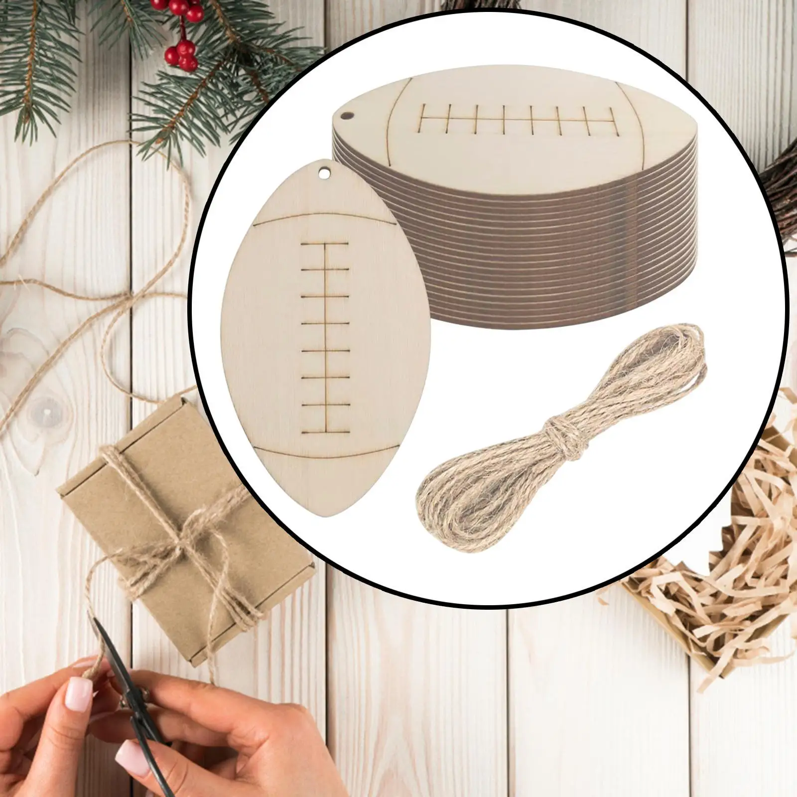 

20x Wood Football Cutouts Lightweight Gift Tags Wooden Shapes Hanging Ornaments with Twines for Painting DIY Crafts Decoration