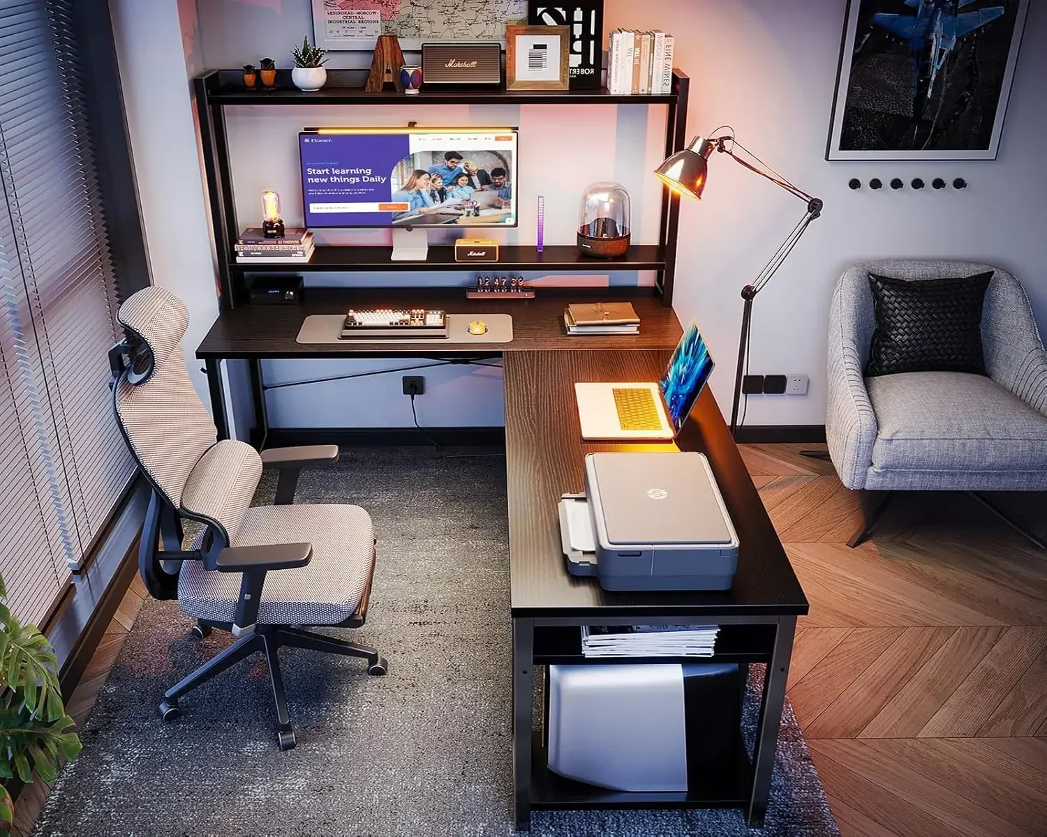 L Shaped Gaming Desk with Hutch, Computer Desk with Storage Shelves, 66" L Shaped Desk for Home Office