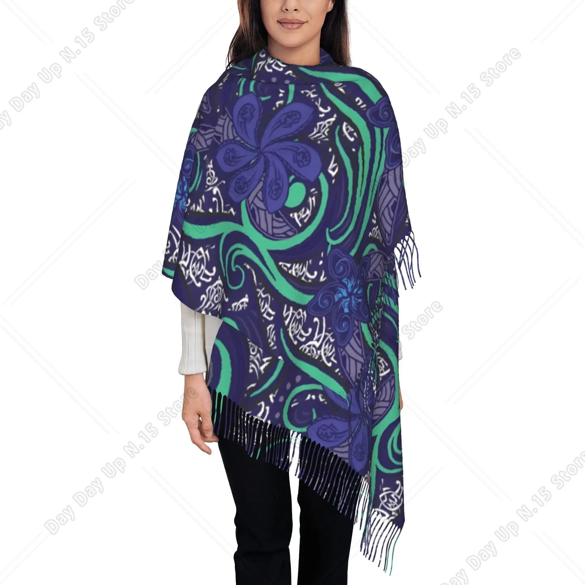 Scarf Featuring Polynesian Midnight Blue Tribal Patterns Unisex Autumn And Winter Fashionable Tassel Scarf Suitable
