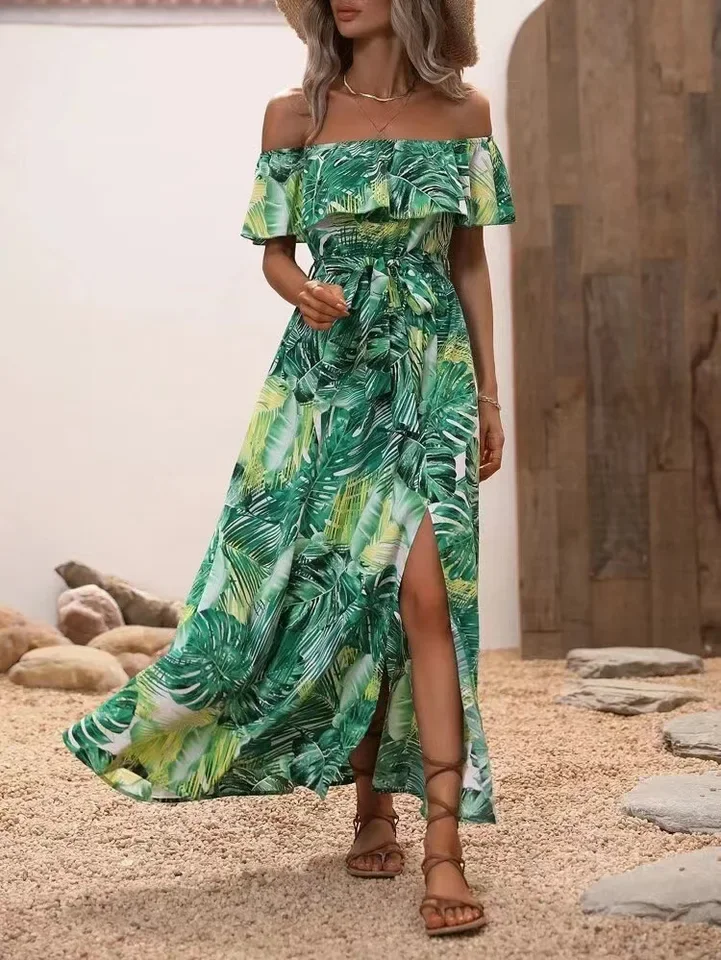2024 Zomer Mode Nieuwe Gedrukt Jurk Vrouwen Elegante Een Lijn Kraag Verstoorde Lace Up Lange Rok Casual Resort Stijl Strand jurk