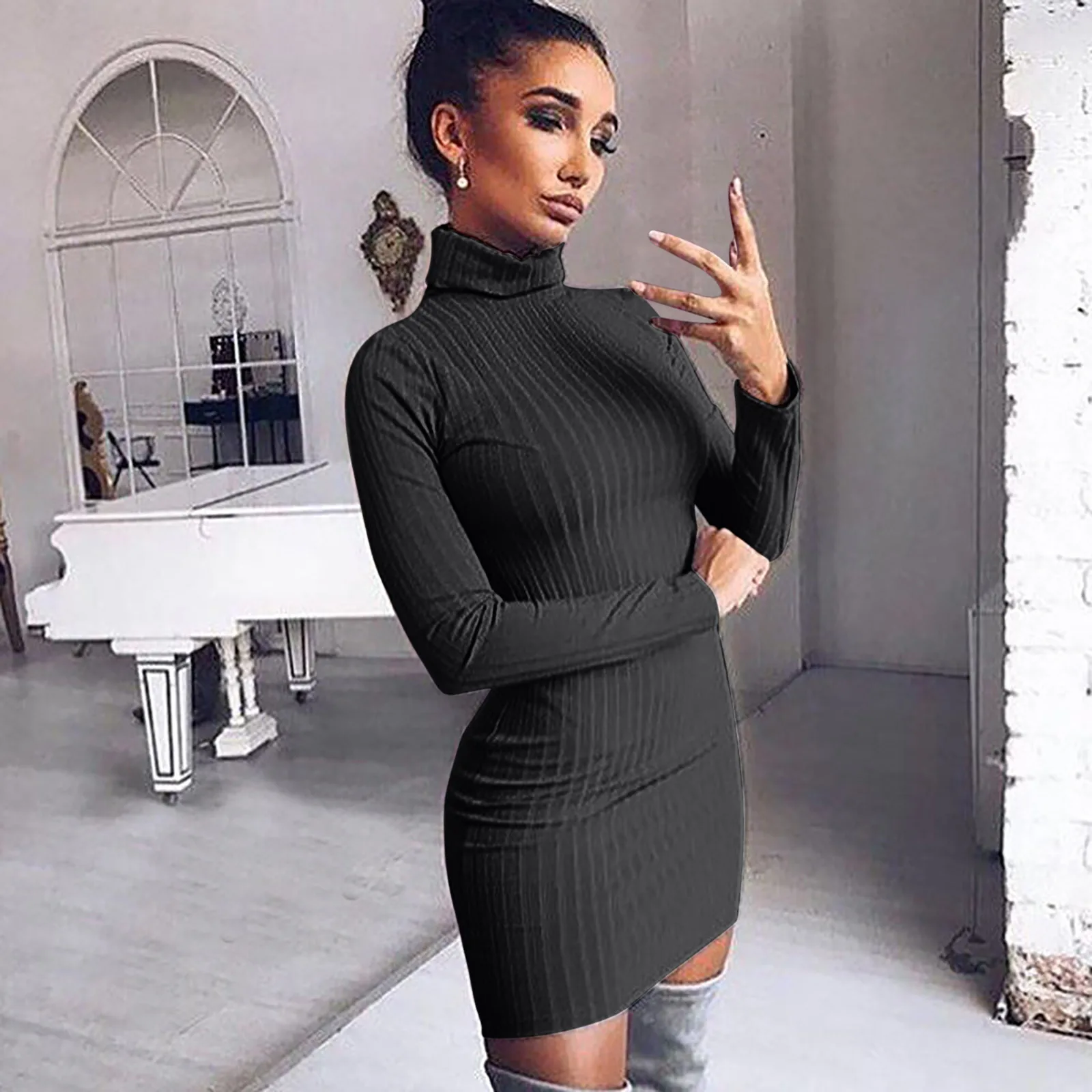 Fashion Sexy Mini Dress For Women Autumn Solid Turtleneck Long Sleeves Sheath Dress Elegant Party Club Dresses Female