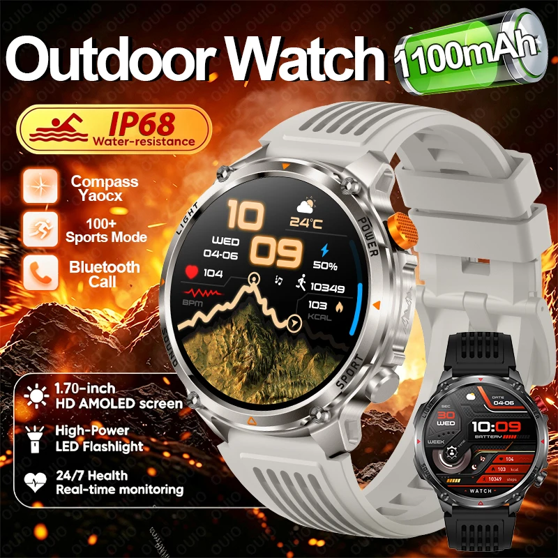 

2026 New Sports Smart Watch 1.70" 1100mAh Battery BT Call 100+ Sports Mode Compass IP68 Waterproof LED Flashlight Smart Watch