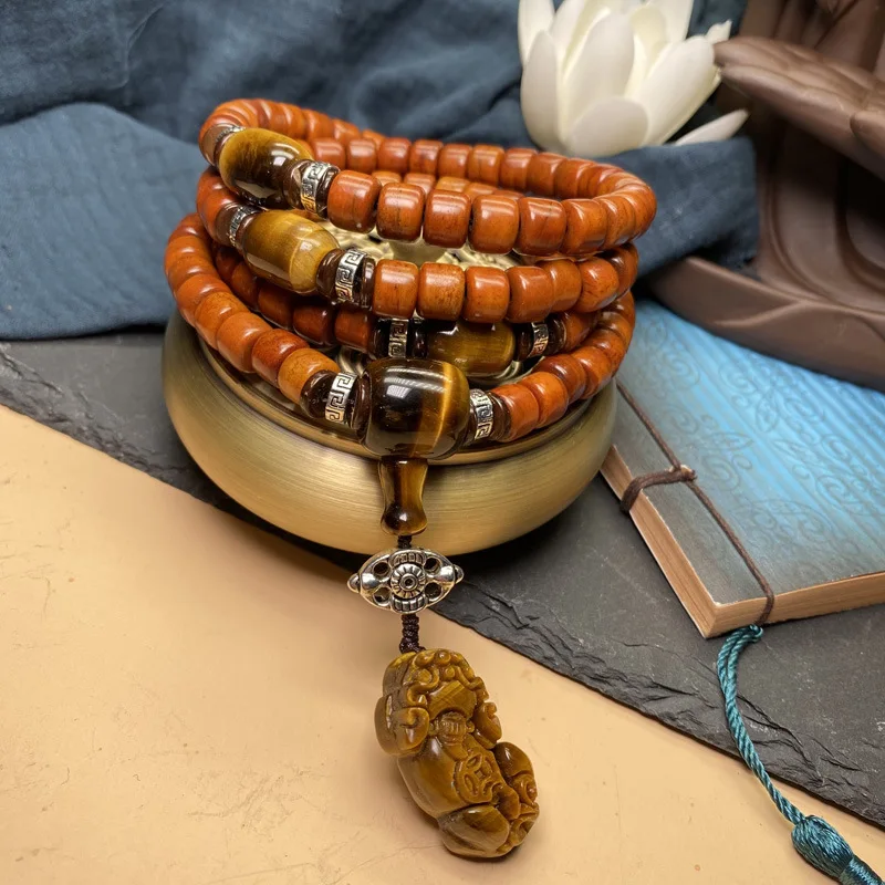 Natural Ox Bone 108 Beads Bracelet Tibetan Style with Dzi Bead Pendant Vintage Ethnic Sweater Chain Gifts
