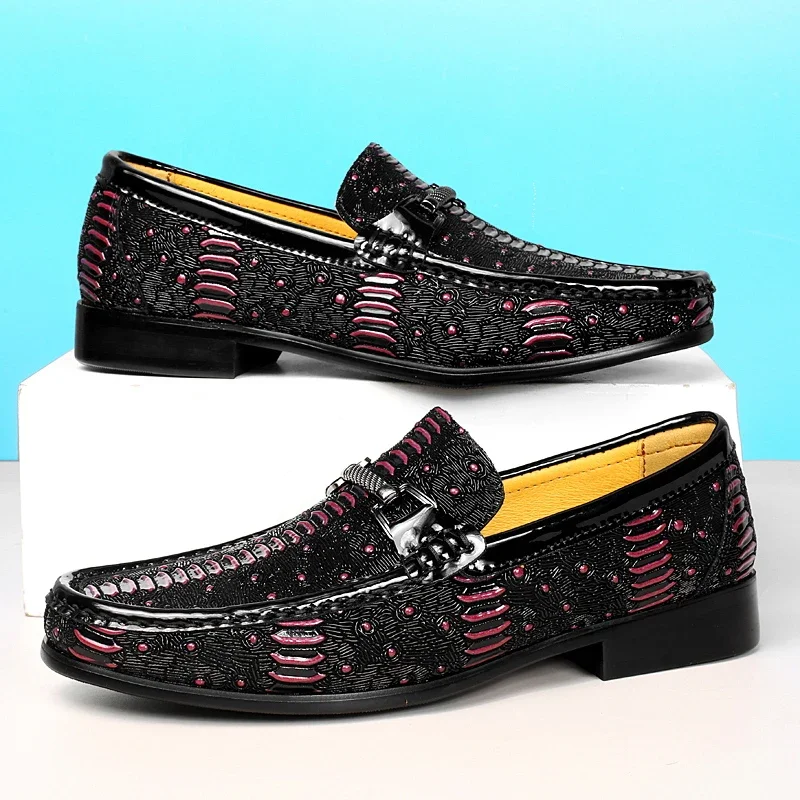 High-grade Wooden Sole Business Leather Shoes Metal Buckle Low Heeled Loafers Genuine Leather Fashion Designer Red Wedding Shoes