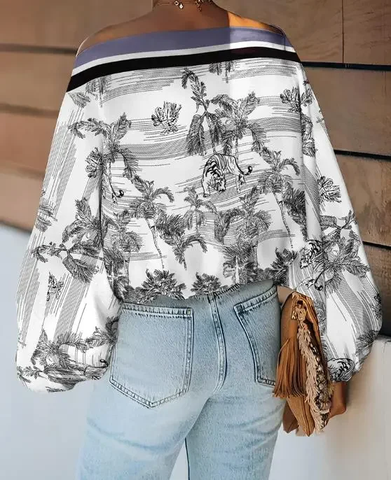 

Women's Fashion Ink Plants & Animal Placement Print Skew Neck Lantern Sleeve Blouses Women Casual Contrast Striped Loose Top