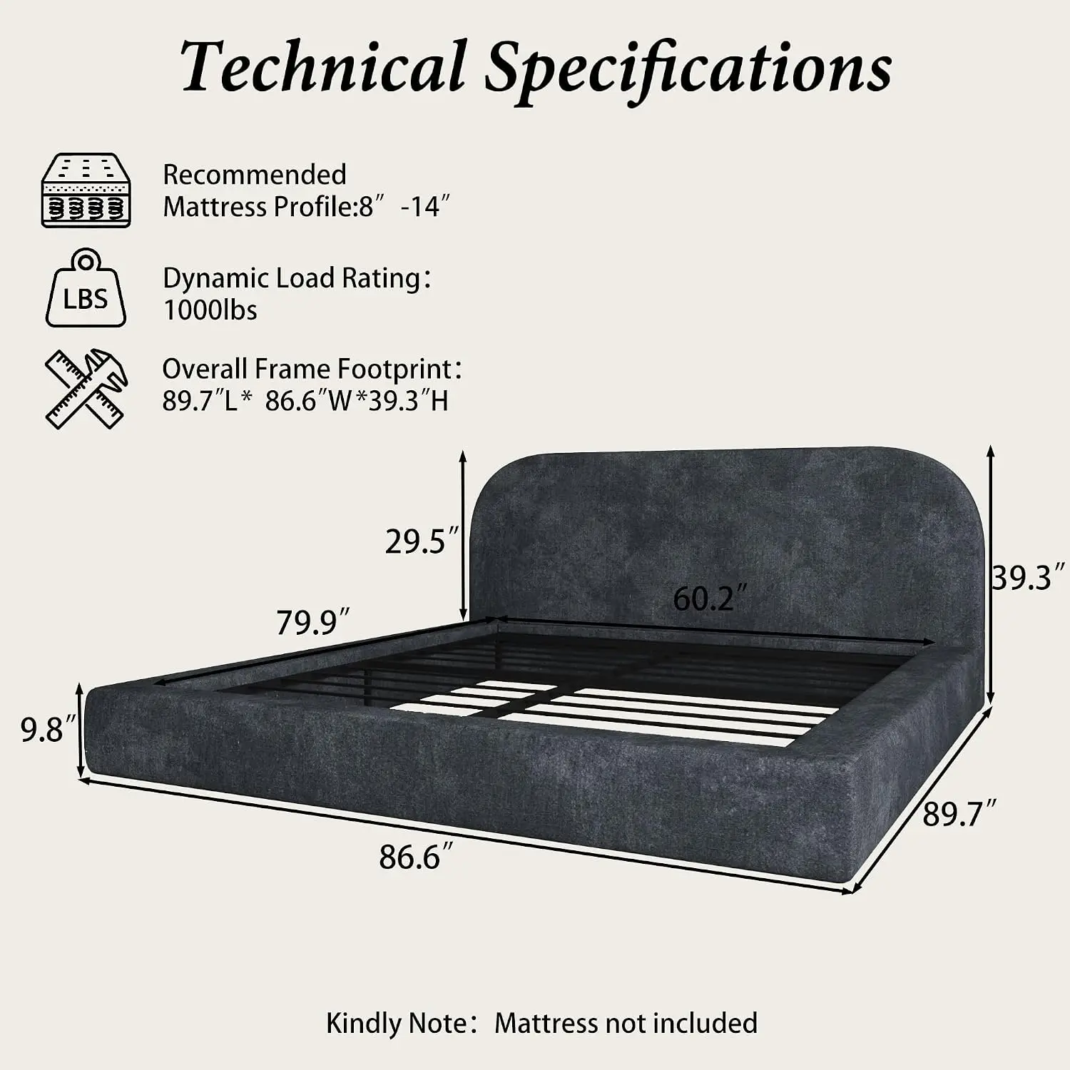 King Cloud Upholstered Platform Bed Frame with Padded Headboard | Anti-Collision Soft Sponge Cushion, Easy Assembly, No Box Spri