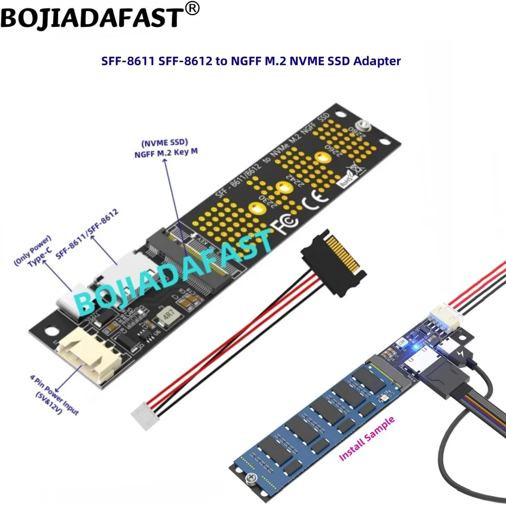 

Oculink SFF-8611 SFF-8612 to NGFF M.2 Key-M 2280 NVME SSD Converter Adapter Card With SATA 15PIN Power Cord