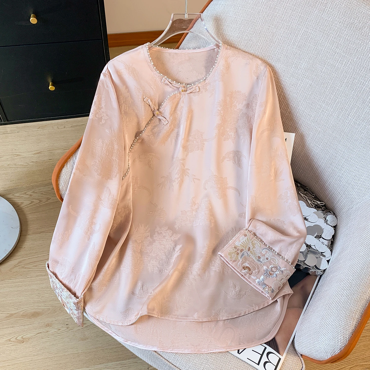 

Ele Chinese Sle Embroidered Silk irt Women's Long Sve Spring Autumn Slim Fit Tang Costume Top High Waist Commute S...