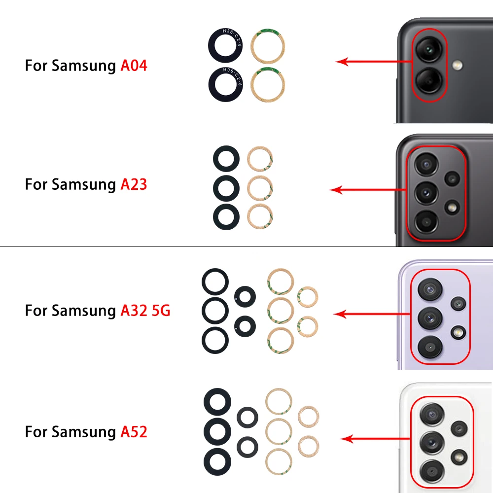 200Pcs，NEW For Samsung A04 Core A24 A34 5G A23 A33 A53 A73 A42 A72 A13 4G Back Rear Camera Glass Lens with Adhesive