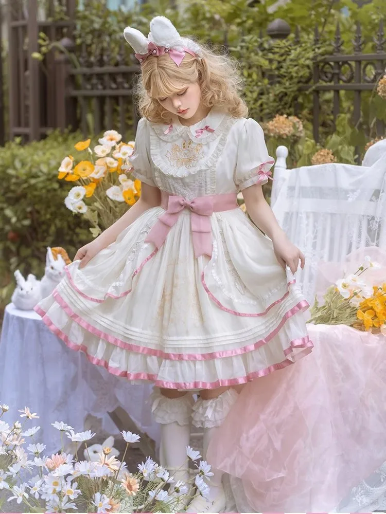 OP Lolita DOLL Short Sleeve Pompadour Dress Pink Bow Lace Bunny Print Kawaii Fairy Tale Sweet