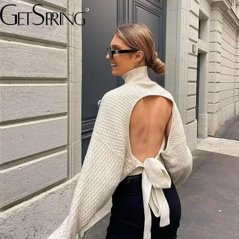 

GetSpring Women Sweater Backless Lace Up Half High Collar Knitted Sweater All Match Pullovers Loose Sexy Tops Autumn Winter 2024