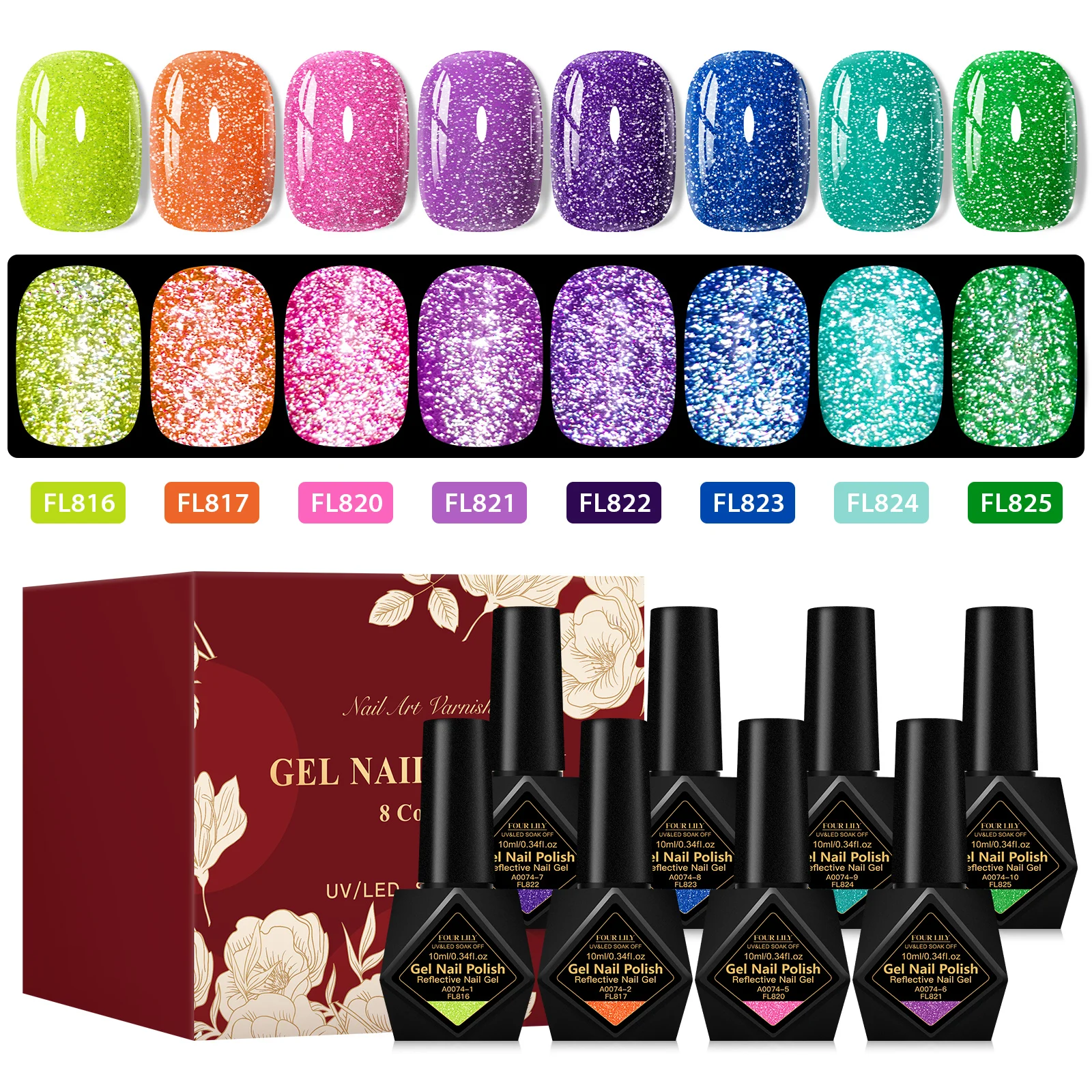 

8 шт./кор., 10 м, розовый флуоресцентный светоотражающий гель-лак для ногтей, блестящий неоновый цвет, полуперманентный УФ-светодиодный гель-лак для дизайна ногтей, маникюр