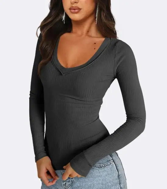 

Top Women 2026 Spring Autumn New Solid Color Sexy V-Neck Long Sleeved Spicy Girl Slim Fit Daily Versatile Casual Basic Shirt Top