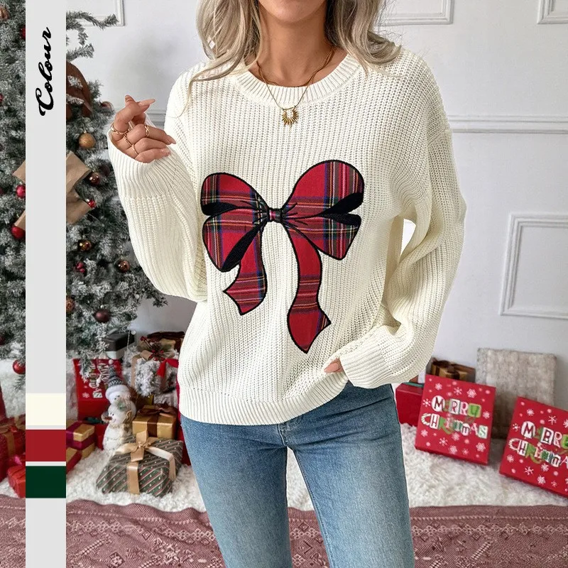 Butterfly Knot Sweaters Bow Regular Length Fresh Sweet with Medium Weight Sweet Style Autumn Crew Neck Long Sleeve Women Sweater