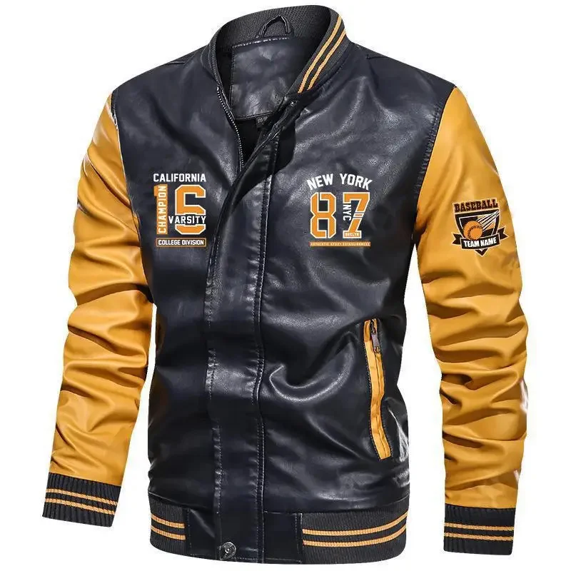 Biker Leather Jacket Men Embroidery Motorcycle PU Jackets Stand-up Baseball Collar Casual Fleece Coats Winter Streetwear Brand