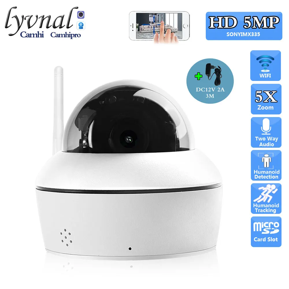 H265 Sonyimx 335 5MP Wireless Security IP Camera Wifi PTZ Dome 5X Auto Zoom Humanoid Tracking Two Way Audio Outdoor With SD Card