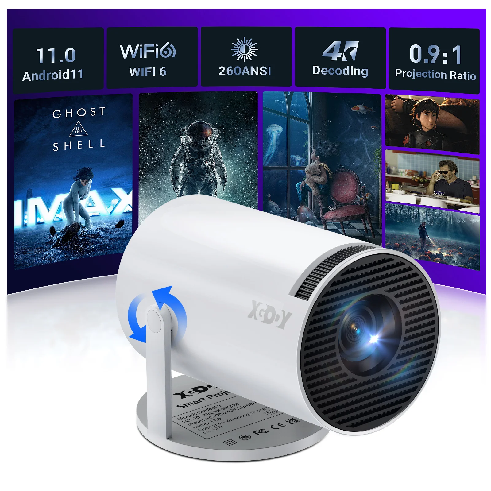 XGODY 4K Projector 10000LM Smart HD LED 5G WiFi Bluetooth HDMI USB Android 11 Home Office Theater