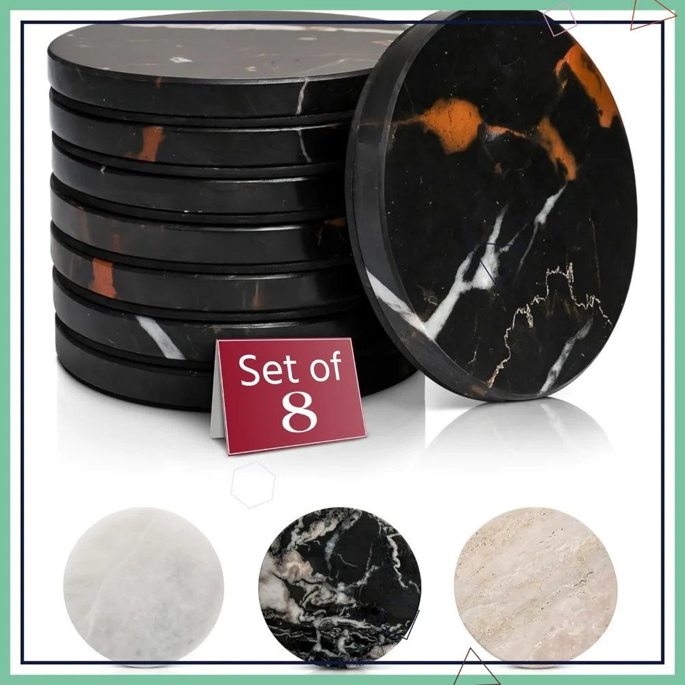 

Premium Black Gold Marble Coasters Set of 8 - Modern Natural Stone Drink Protectors for Kitchen and Coffee Table