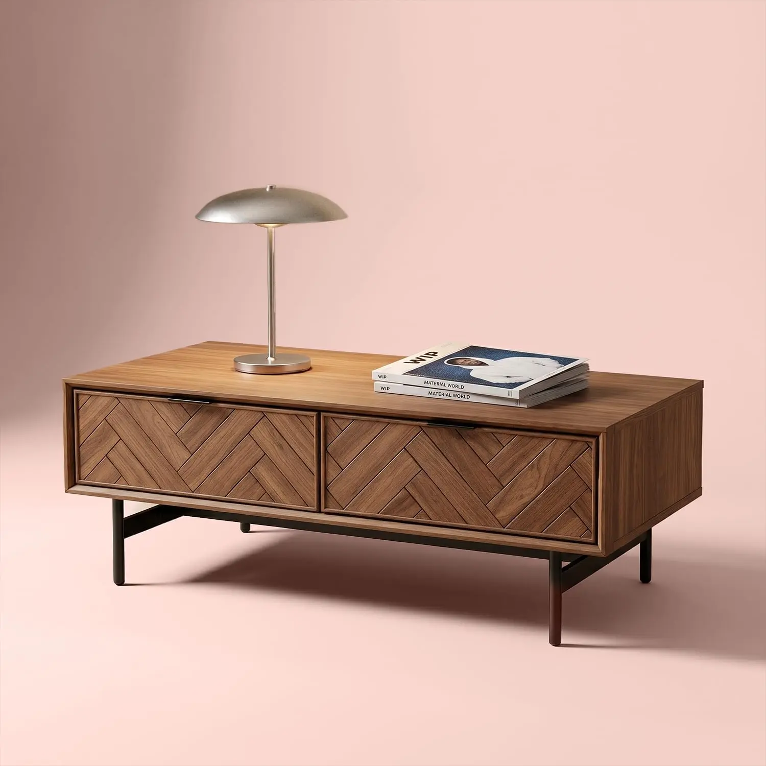 Walnut Coffee Table with Black Metal Legs & Handles, Industrial Design, 47