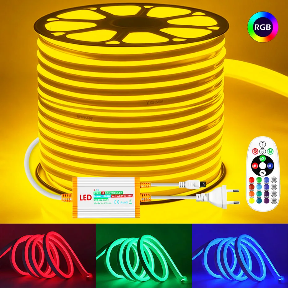 220V 5050 RGB LED Neon Strip Dimmable Flexible Led Rope Waterproof Led Stripe RGB Tape Outdoor Home Decor Light With Remote