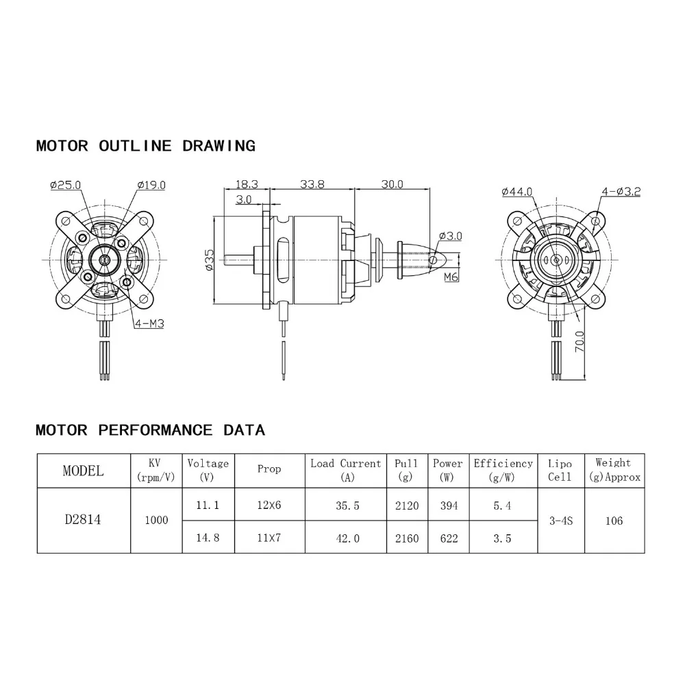 2814 Brushless Motor DXW D2814 1000KV 3-4S 6mm Outrunner for RC FPV Fixed Wing Drone Airplane 12x6 Propeller Drones