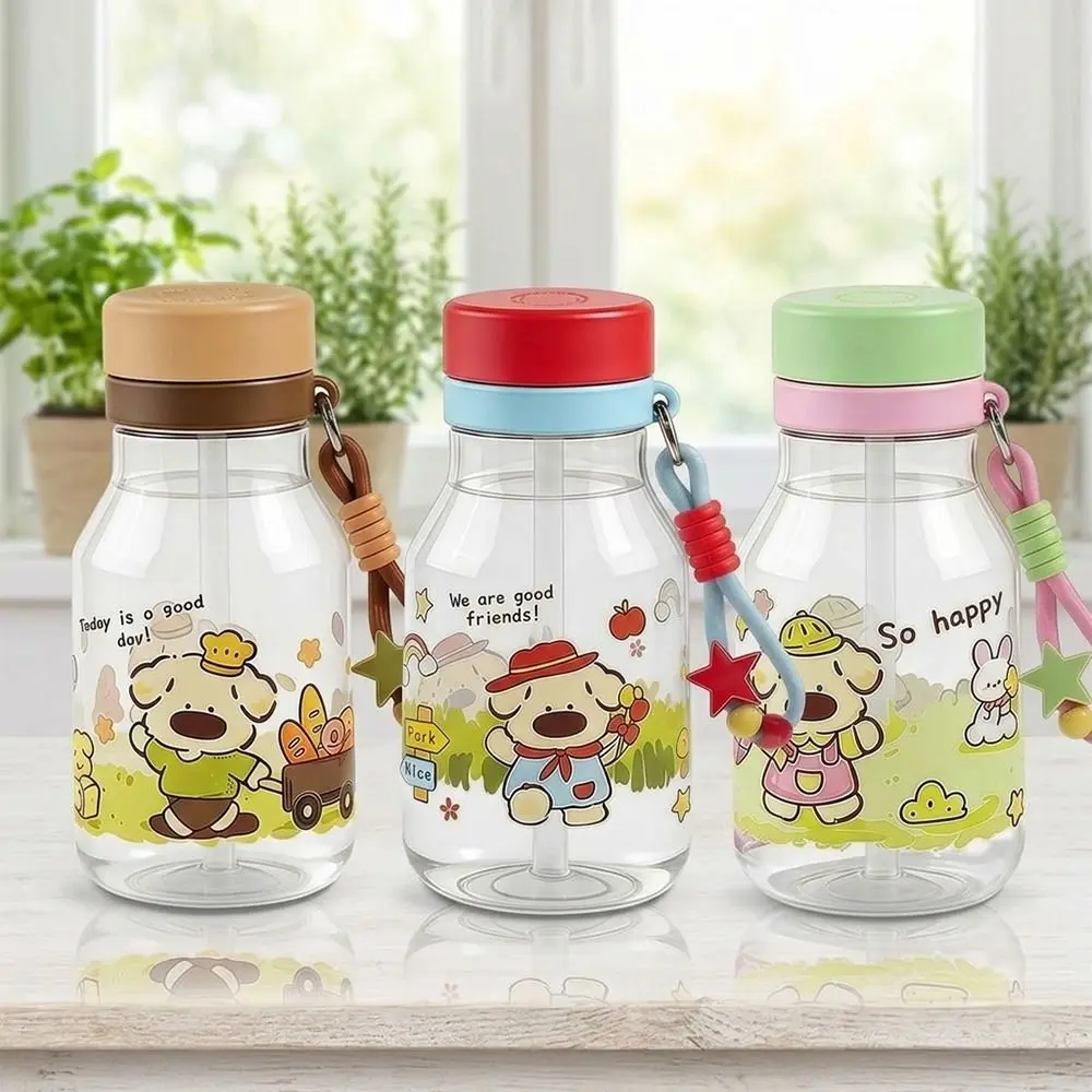 Cute Plastic Water Bottle 580ML With Handle Straw Cup 3-Way Drinking Leak-Proof Coffee Cup Women Girls