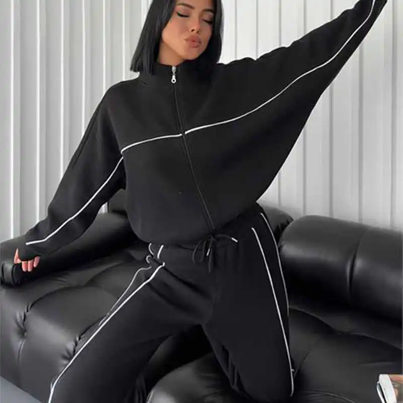 

Long Sve Hoodie And Pants Set Casual Striped Trousers with Belt f High Collar Open Cardigan Women's Autumn Faion