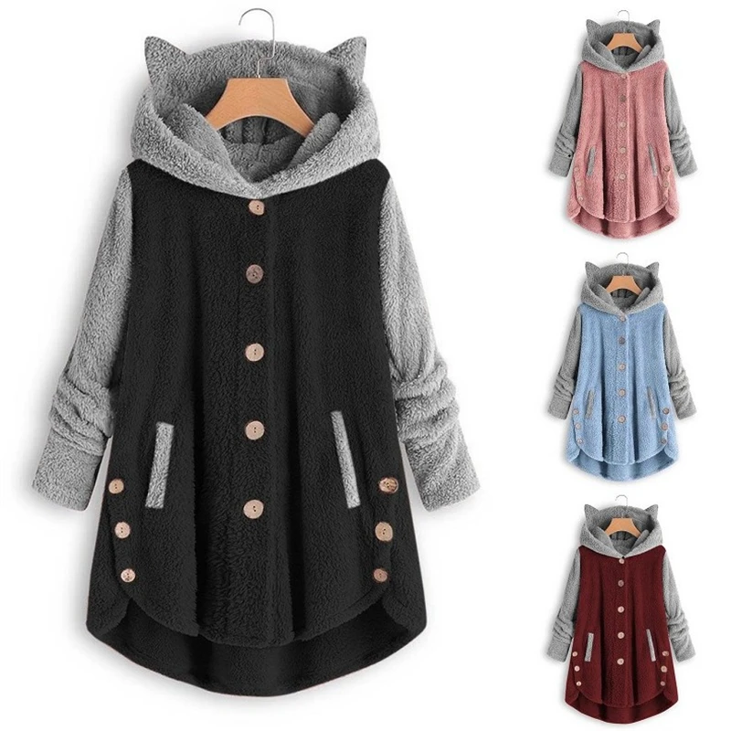 

European and American Button Hooded Cat's Ears Plush Coat Irregular Fashion Brand Color Matching Coat Women