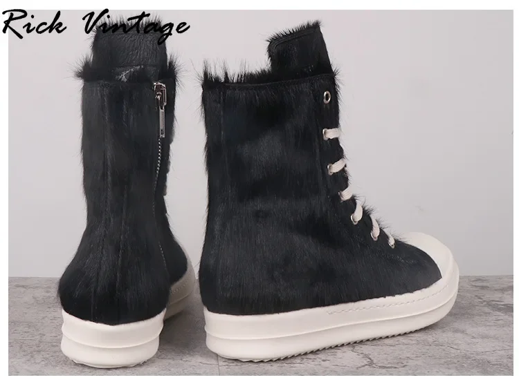 Rick Vintage High Top Shoes Women Leather Black Horse Fur Ro Owenss Thick Sole Increased Street Casual Sneakers Ankle Boots Men