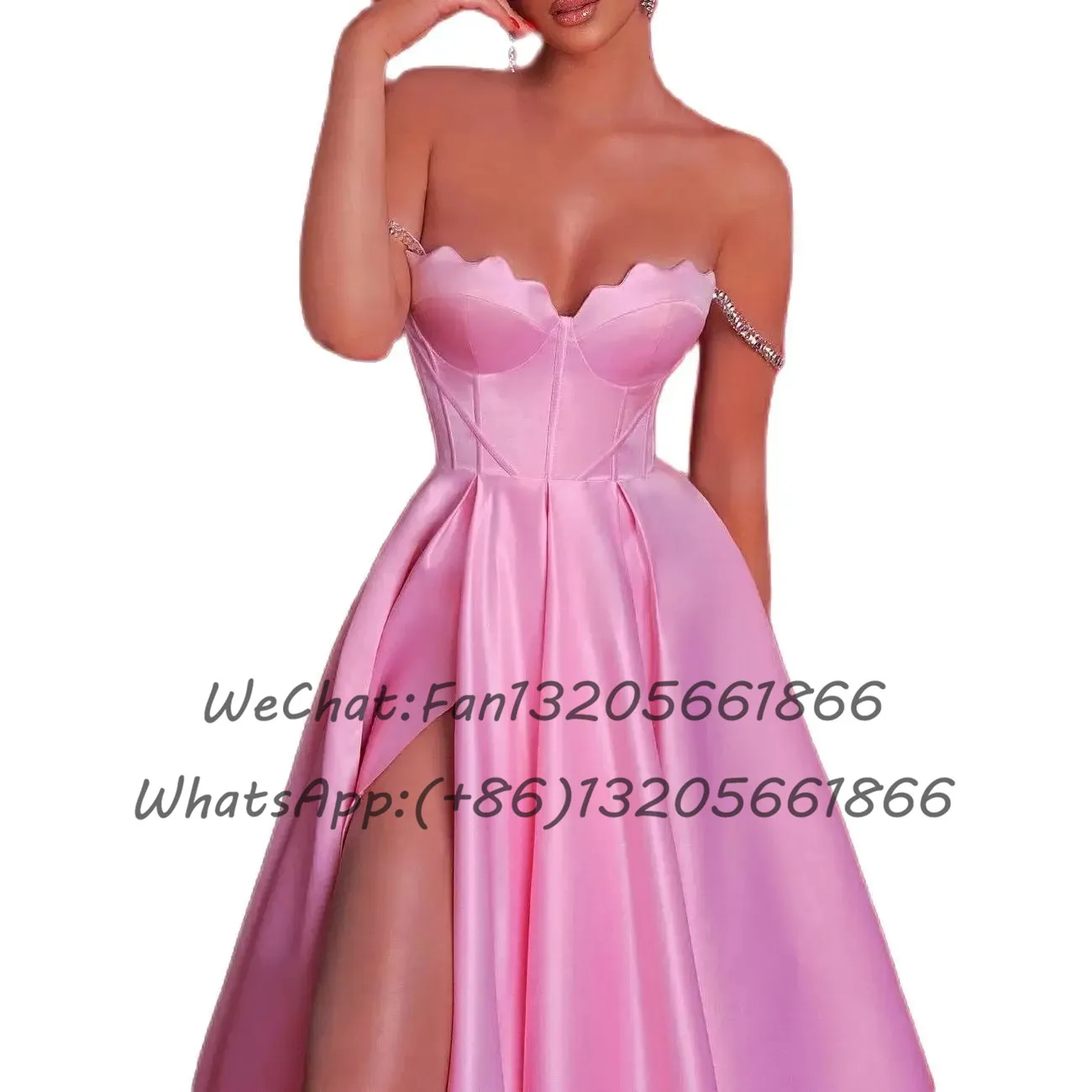 Sexy High Slit A Line Prom Dresses Pink Satin Backless Fashion Women Evening Dress Custom Made Wedding Guest Gown