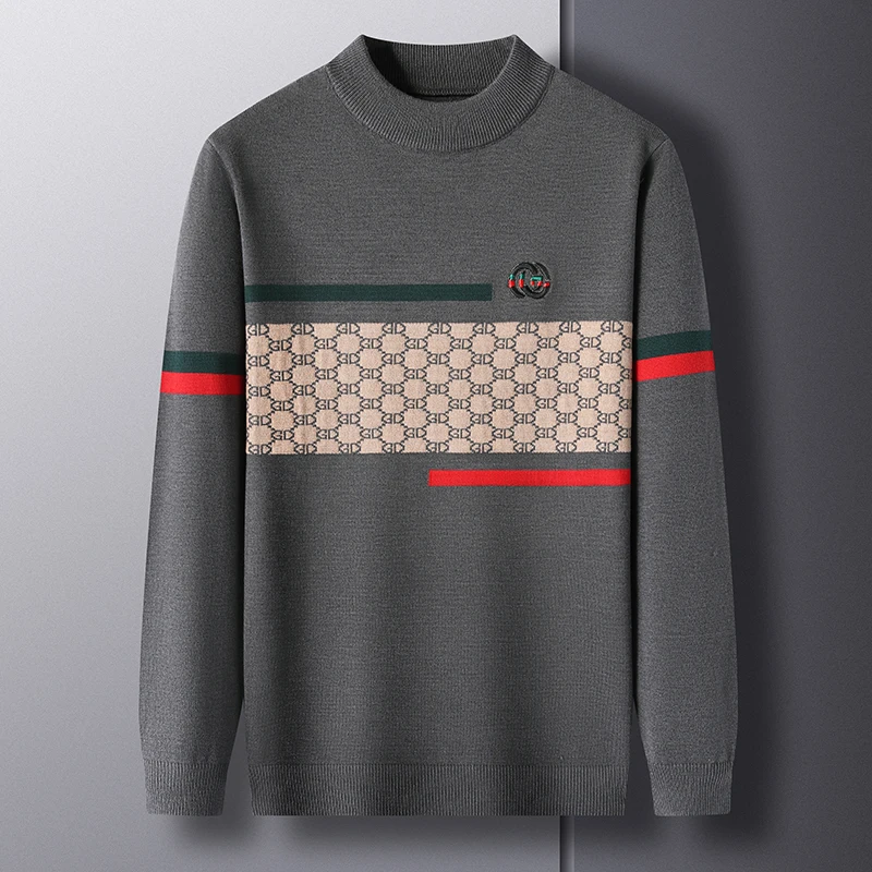 

High Quality Men's O-Neck Pullove Knitwear Autumn Winter New Arrival Plush Embroid Jacquard Warmth Sweaters Versatile Men'swear