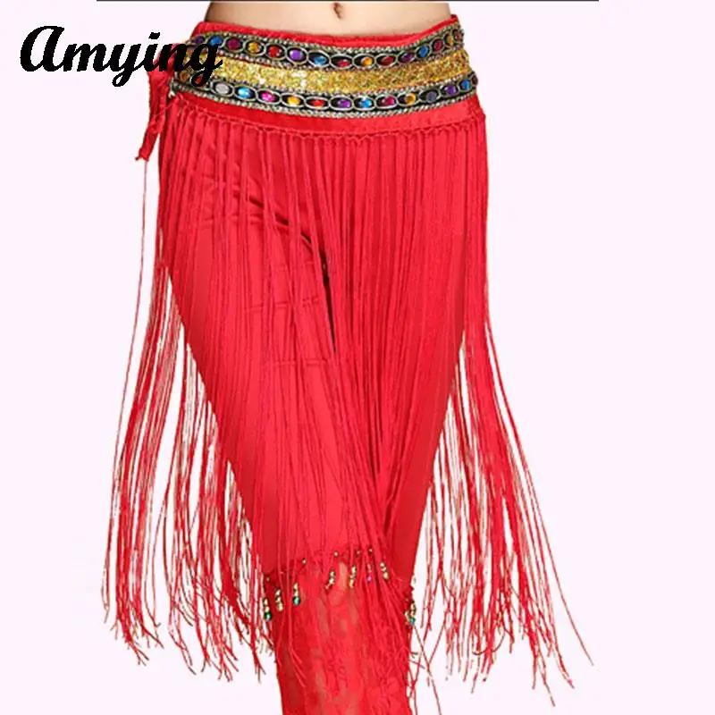 

New Women Belly Dance Hip Scarf Stage Costume Sexy Long Tassel Waist Belt Wrap Hip Scarf Skirt Dance Lesson Wear Clothing