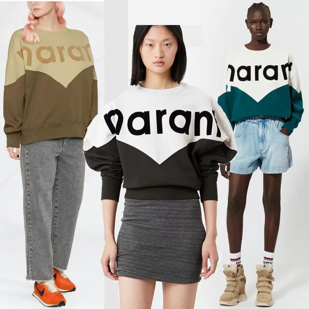 Marant Women Color Block Letter Print Sweatshirt Round Neck Long Sleeve Loose Pullover Casual Contrast Patchwork Streetwear Tops