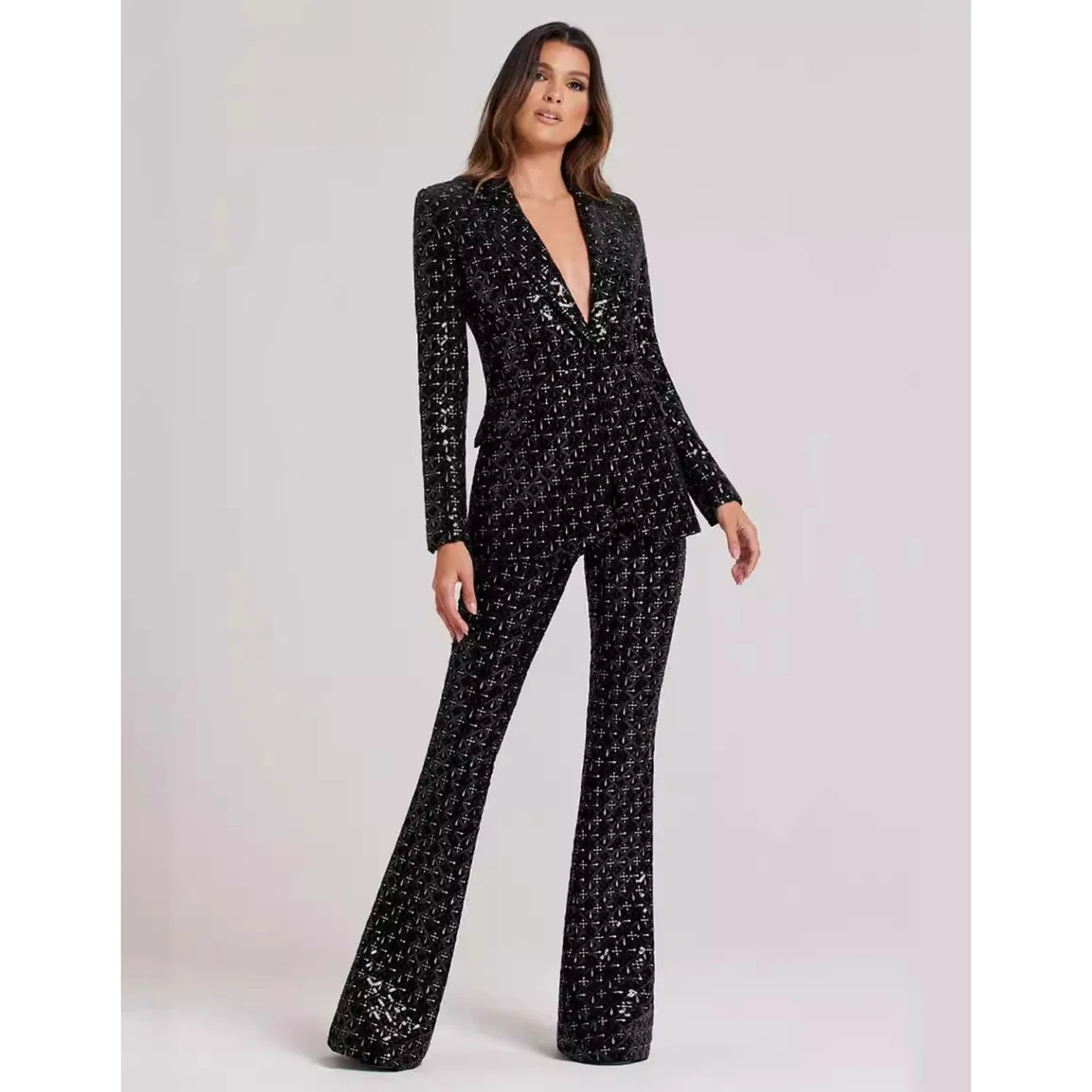 أسود الترتر المرأة 2 قطعة مجموعة البدلة واحدة الصدر السترة كوكتيل ملابس الحفلات أنيقة مأدبة Pantsuit مجموعة تخصيص #2