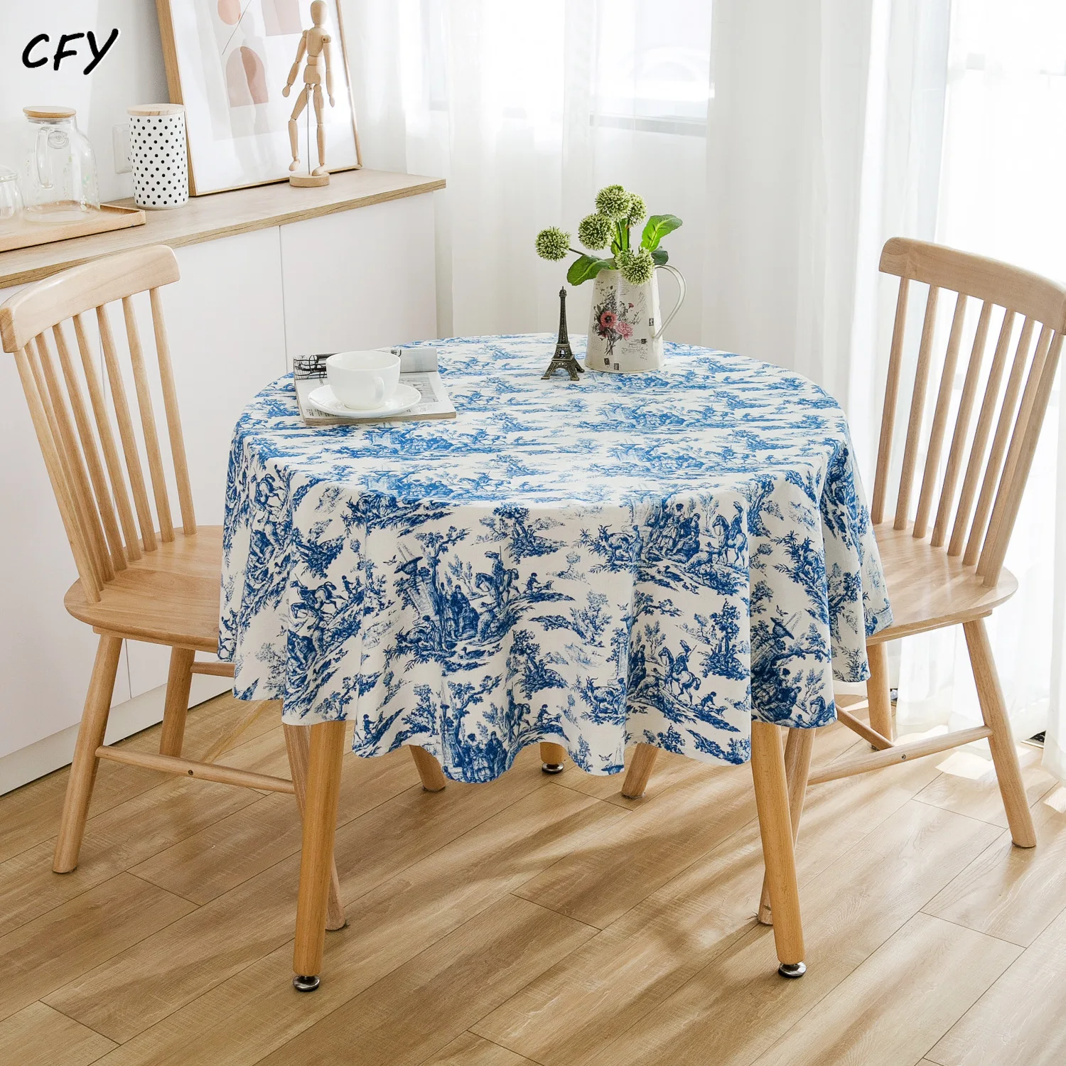 

Cotton Linen American Style Blue Print Round Tablecloth Chicken Dining Table Cover Coffee Table Cloth Round Tablecloth