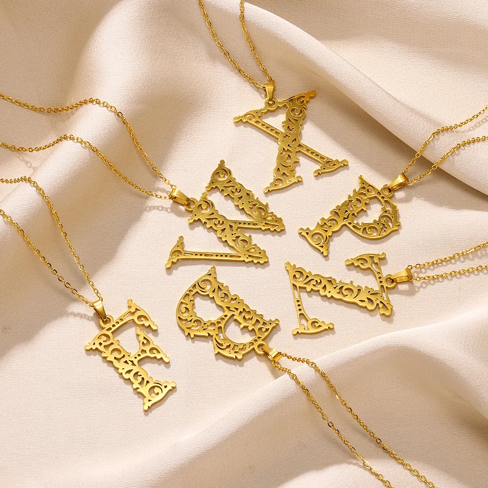 Gold Color Stainless Steel Hollow A-Z Letter Necklaces for Women Flower Initial M S C K Pendant Choker Necklace Alphabet Jewelry